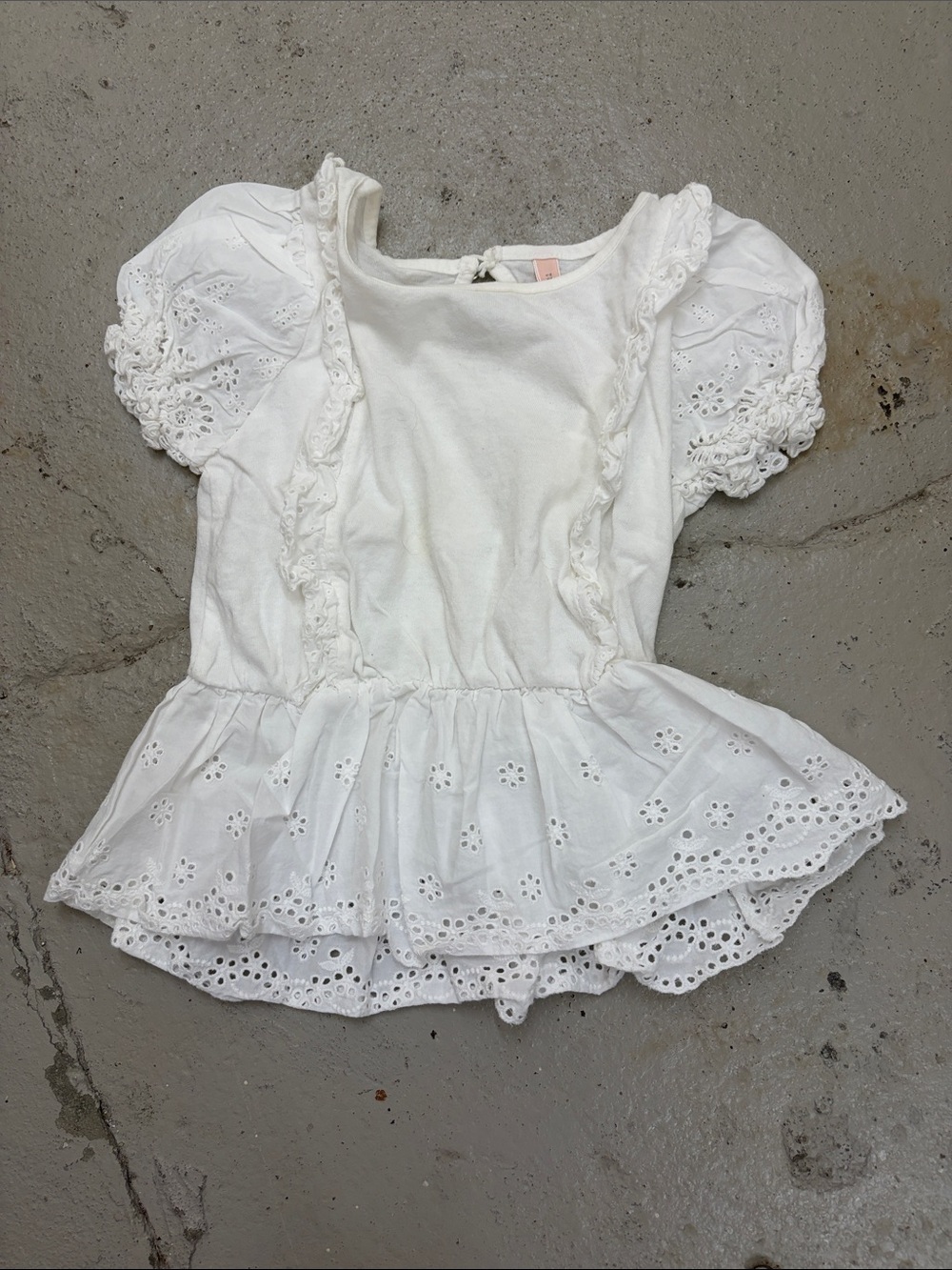 White Eyelet Peplum Tee with Puff Sleeves